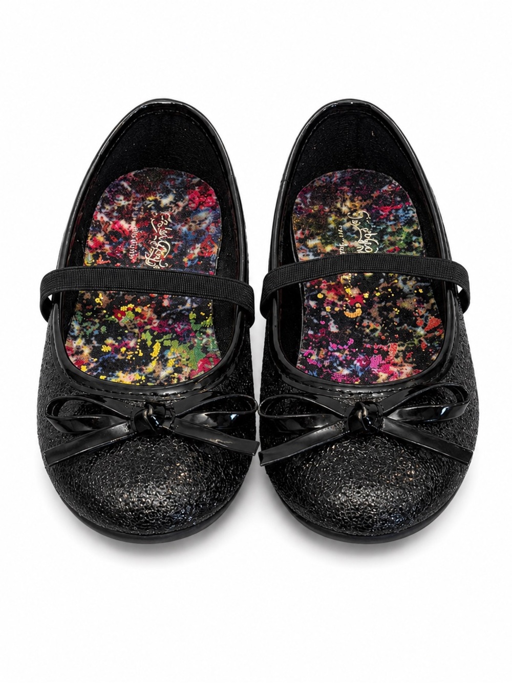 Faded Glory Girls Black Glitter Mary Jane Flats with Bow Shoes Size 7